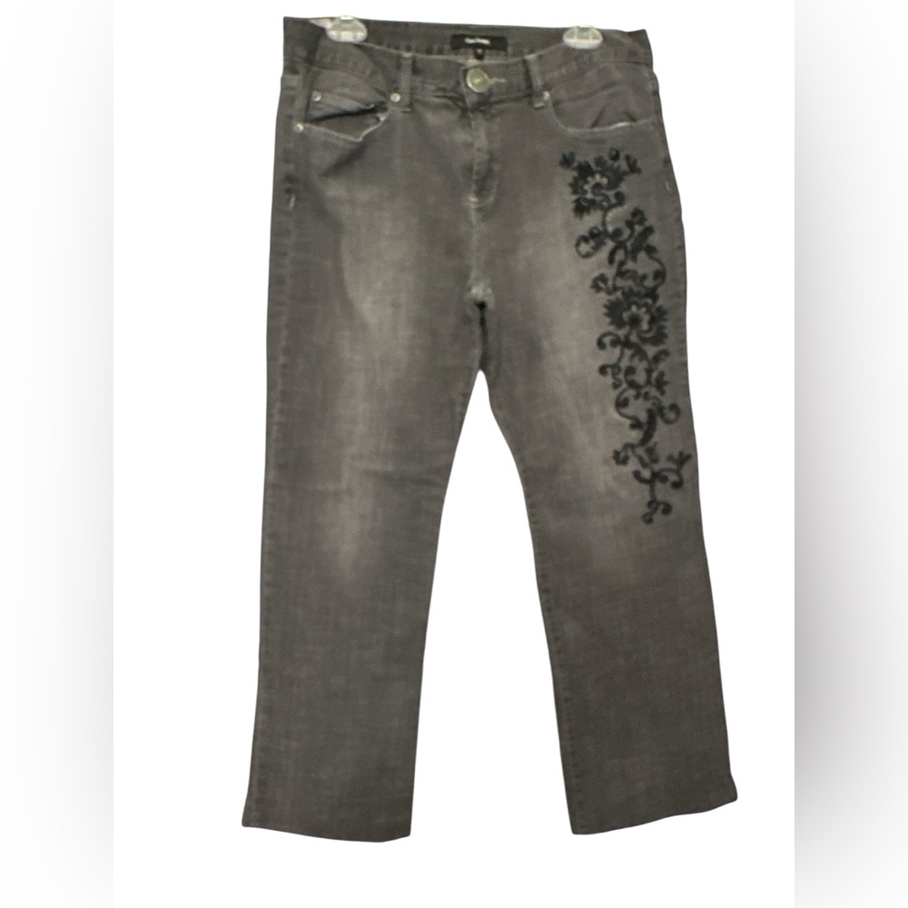 Daisy Fuentes Gray Straight Leg Jeans with Black Embroidery